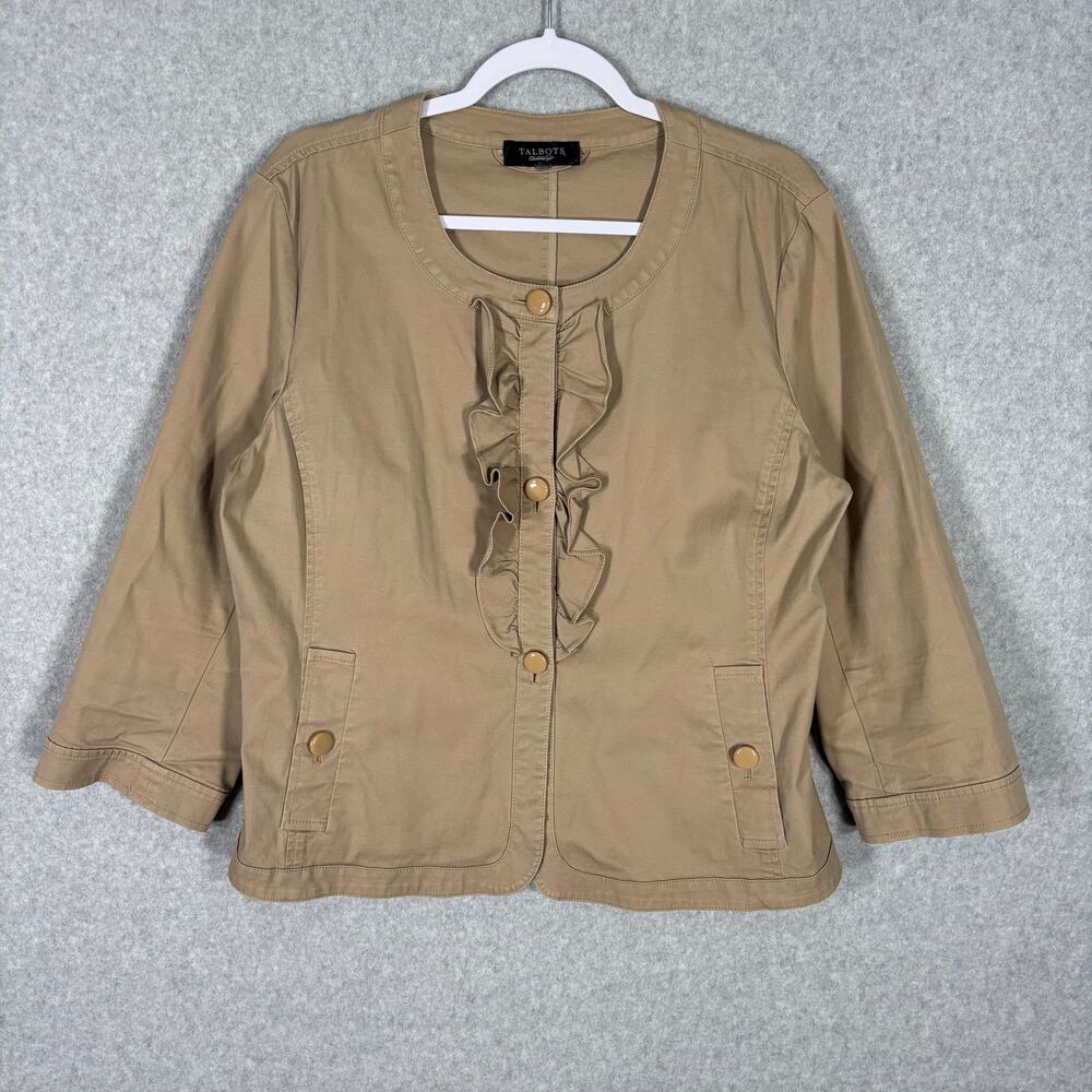 Talbots Jacket 12 Tan Blazer Khaki Utility 3/4 Sleeve Career Church Neutral Twee
